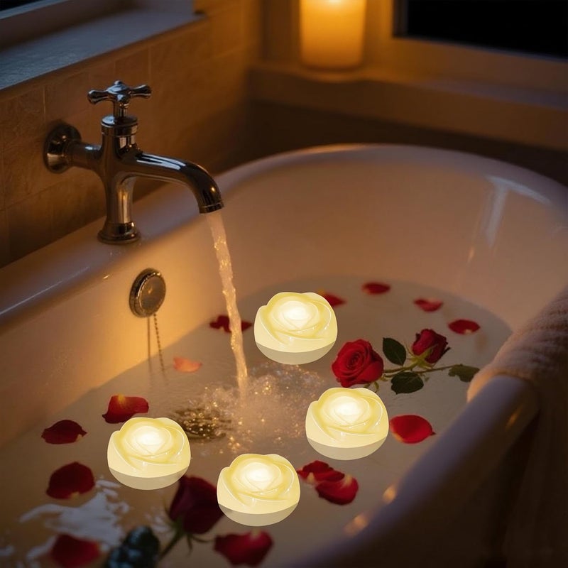 Aignis 12pcs Flameless LED Floating Candles, Ivory Rose Plastic Tealights Battery Operated, 120+ Hours Glow Time, Cozy Light for Romantic Pool/Bathtub/Hot Bath/Wedding Centerpiece Decor(D2.83*H1.42) - Image 5